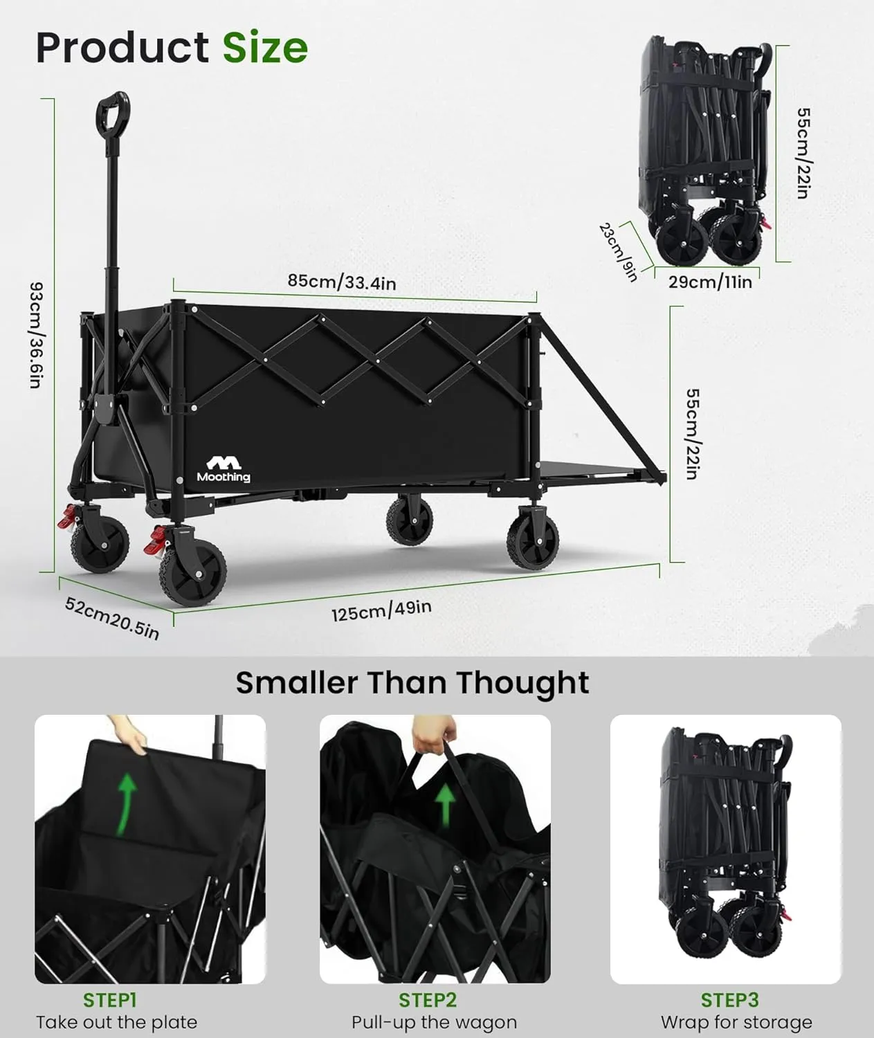Large Foldable Wagons Extended, Collapsible Wagon with Tailgate, 49”L Folding Wagons with Brakes, Grocery Wagon, Utility Cart for Sports, Shopping, and Camping, Black