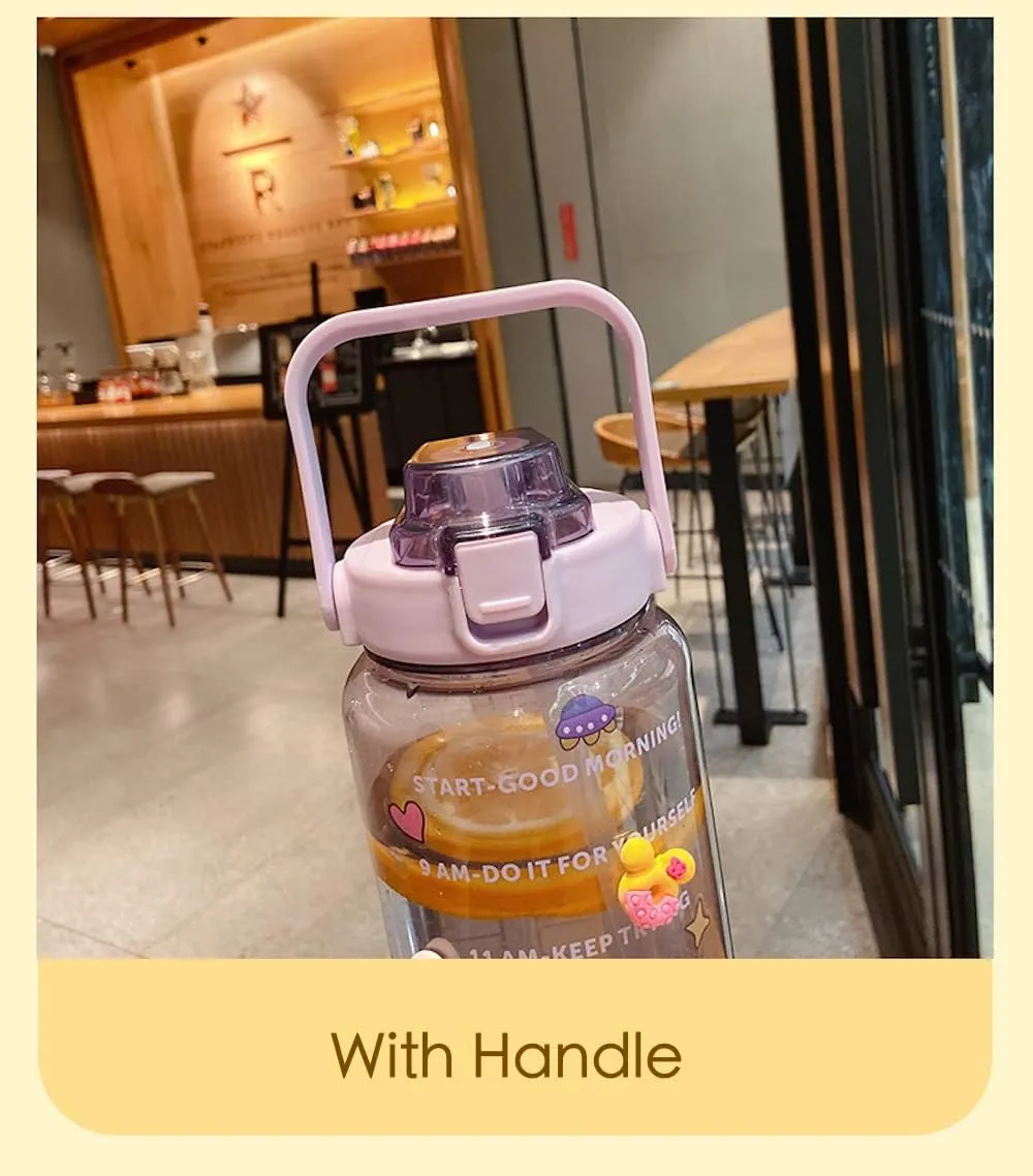 Large Kawaii Clear Gallon Water Bottle with Time Marker and Straw 70oz Kawaii Water Bottle with and Resin Stickers Portable Giant Drinking Bottle for School Sports Yoga Spill Proof Water Jug (Blue)