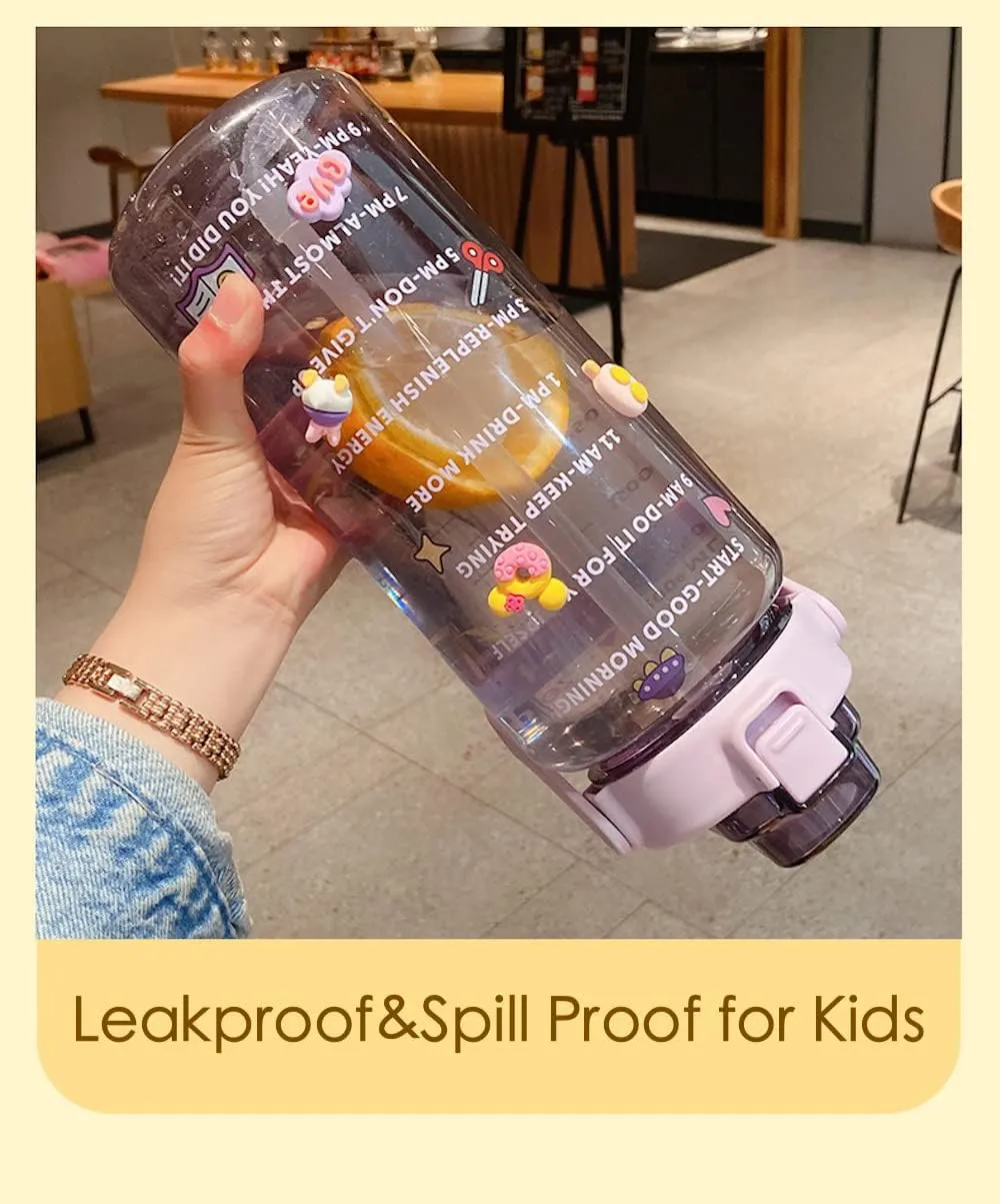 Large Kawaii Clear Gallon Water Bottle with Time Marker and Straw 70oz Kawaii Water Bottle with and Resin Stickers Portable Giant Drinking Bottle for School Sports Yoga Spill Proof Water Jug (Blue)