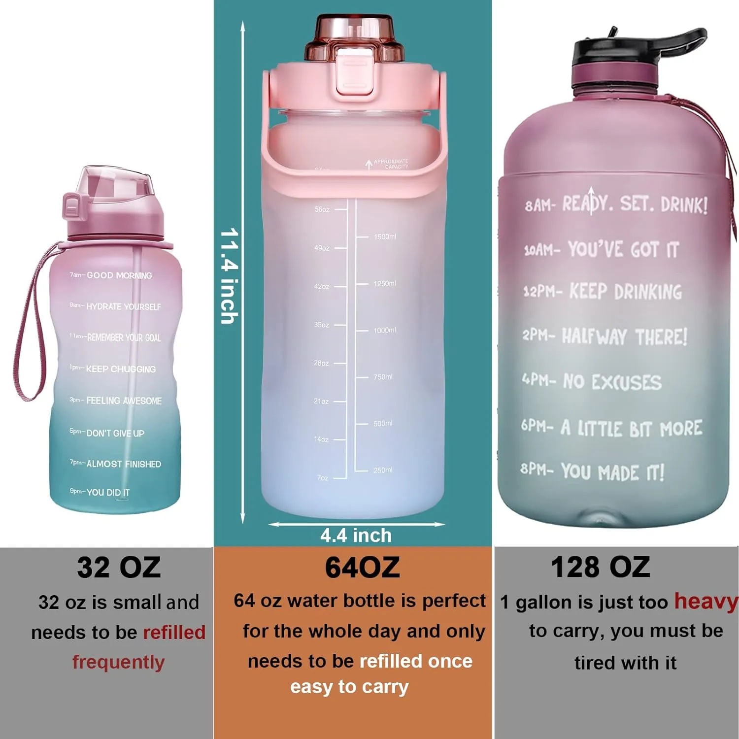 Large Motivational Water Bottle with Straw Time Marker BPA Free for Sport and Fitness (Pink Blue, 64 Oz / Half Gallon)