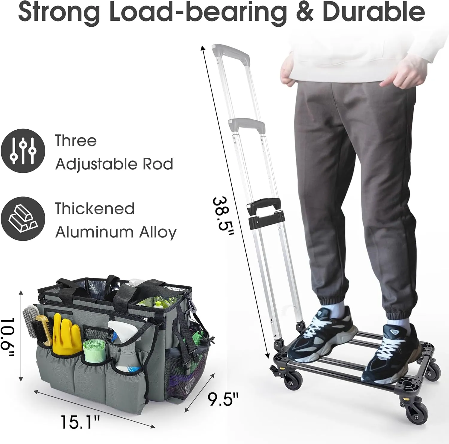 Large Rolling Cleaning Bag with Detachable Trolley, Portable Cleaning Cart with Waterproof Aluminum Foil Lining for Housekeepers, Cleaning Supply Caddy on Wheels for Home, Car, Office, Picnic(Gray)