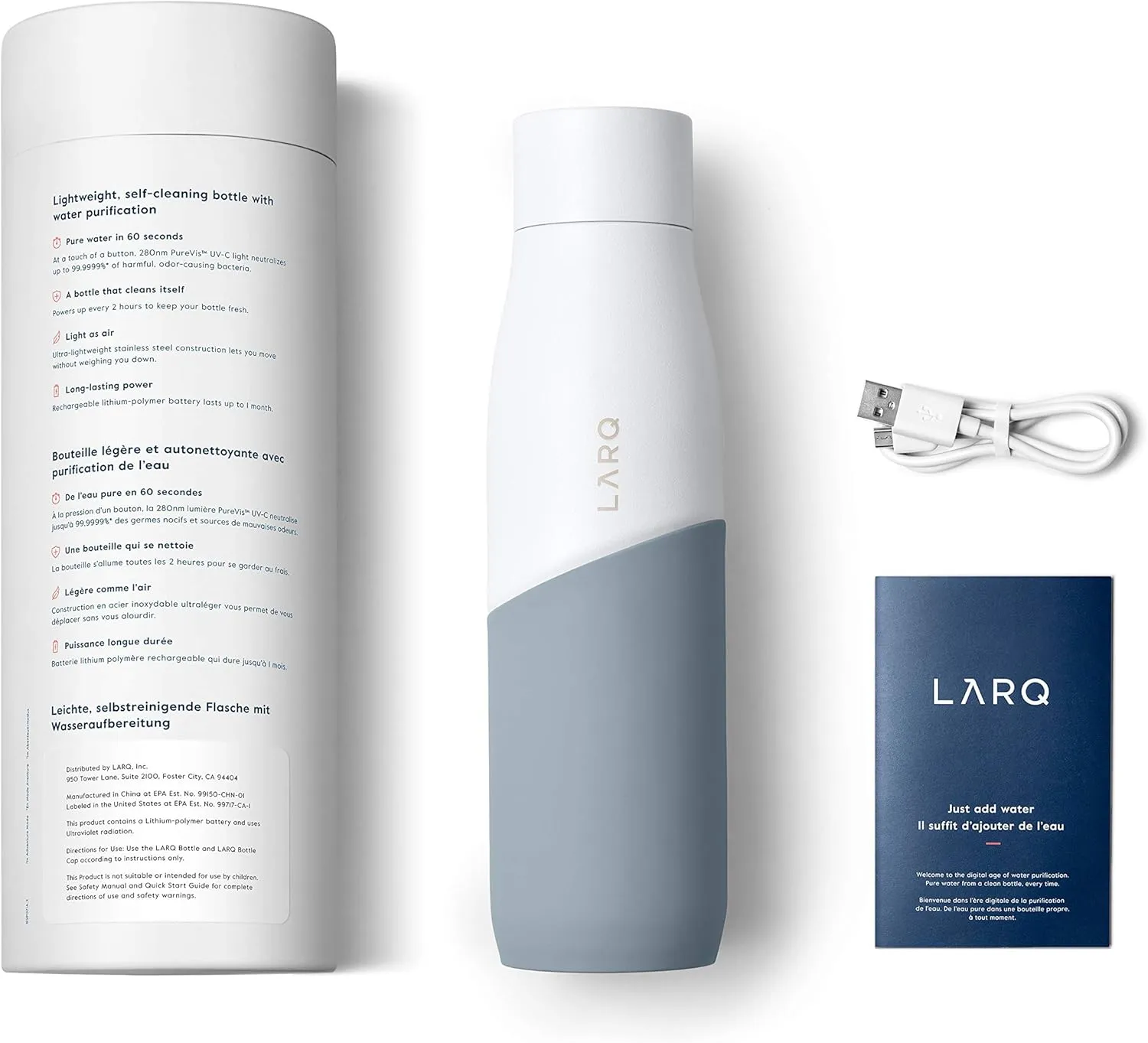 LARQ Bottle Movement PureVis 32 oz - Lightweight Self-Cleaning and Non-Insulated Stainless Steel Water Bottle with UV Water Purifier | Reusable & Travel Friendly, 1-Year Warranty, White/Pebble