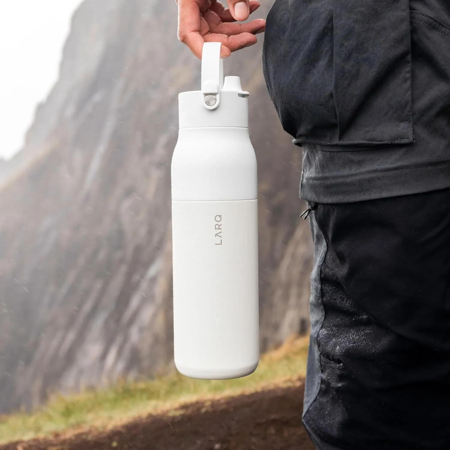 LARQ Bottle Swig Top 23oz - Insulated Wide Mouth Stainless Steel Water Bottle With Built-In Silicone Handle | Thermos, BPA Free | Reusable Water Bottle for Sports, Gym, and Travel, Granite White