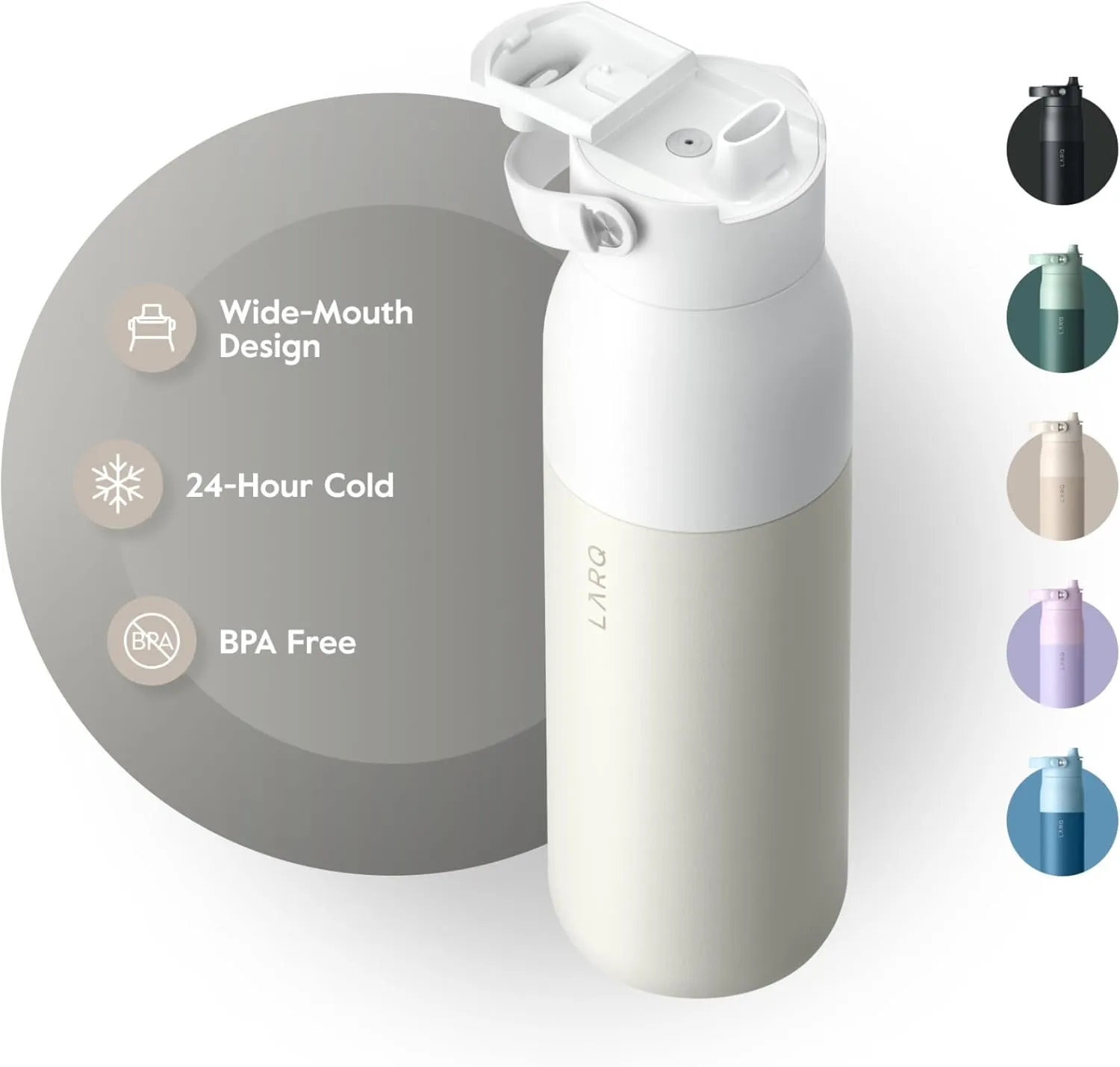 LARQ Bottle Swig Top 23oz - Insulated Wide Mouth Stainless Steel Water Bottle With Built-In Silicone Handle | Thermos, BPA Free | Reusable Water Bottle for Sports, Gym, and Travel, Granite White