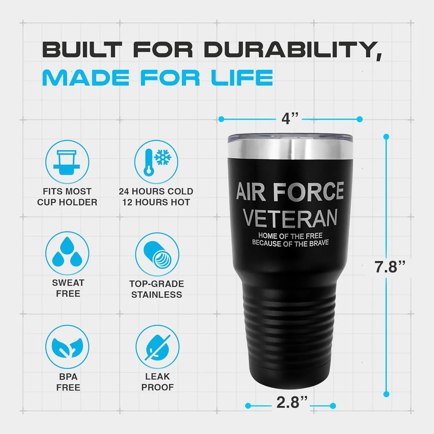 Laser Engraved Air Force Tumbler - Polar Camel 30 Oz Veteran Tumbler with Stainless Steel Straw & Cleaner, Air Force Tumblers for Men Engraved, Veterans Water Bottle for Men & Women Gifts