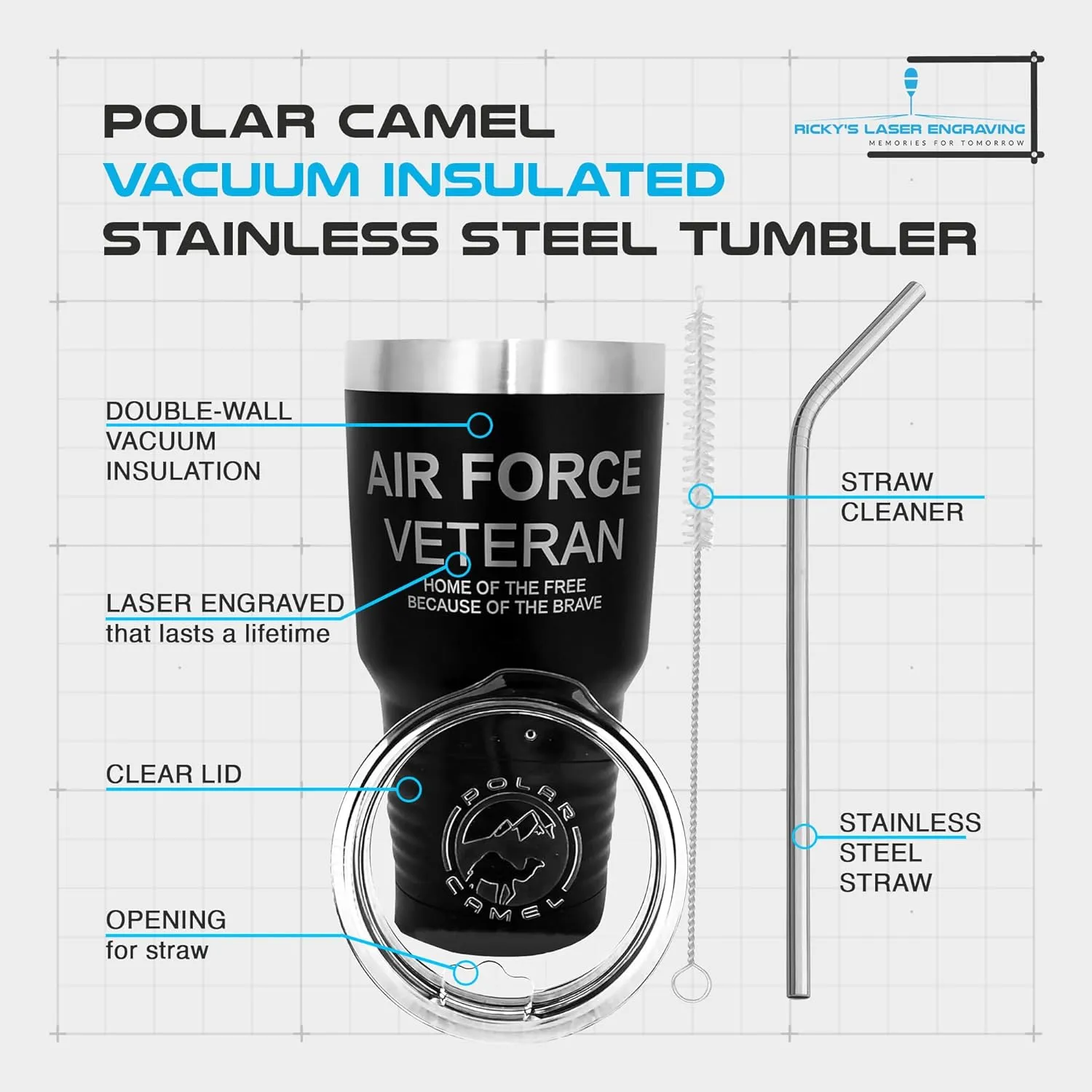 Laser Engraved Air Force Tumbler - Polar Camel 30 Oz Veteran Tumbler with Stainless Steel Straw & Cleaner, Air Force Tumblers for Men Engraved, Veterans Water Bottle for Men & Women Gifts