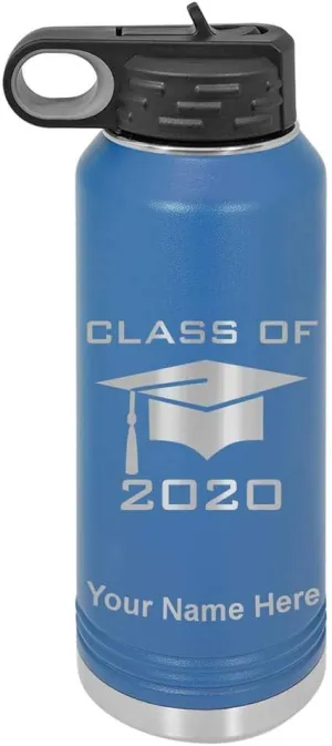 LaserGram Personalized Water Bottle, Grad Cap Class of 2023, 2024, 2025, 2026, 2027, Stainless Steel Double Wall Vacuum Insulated with Flip Top Straw, Custom Engraved Gift (40oz / 1180ml Dark Blue)