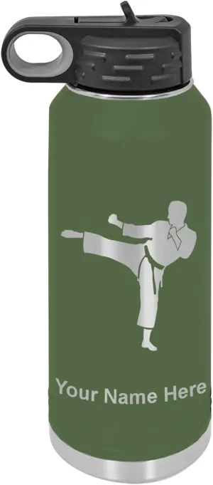 LaserGram Personalized Water Bottle, Karate Man, Stainless Steel Double Wall Vacuum Insulated with Flip Top Straw, Custom Engraved Gift (40oz / 1180ml Camo Green)