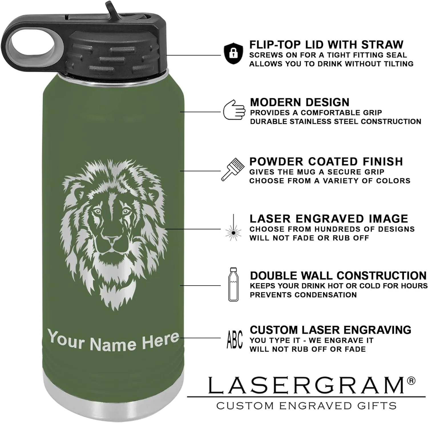 LaserGram Personalized Water Bottle, Motocross, Stainless Steel Double Wall Vacuum Insulated with Flip Top Straw, Custom Engraved Gift (40oz / 1180ml Camo Green)