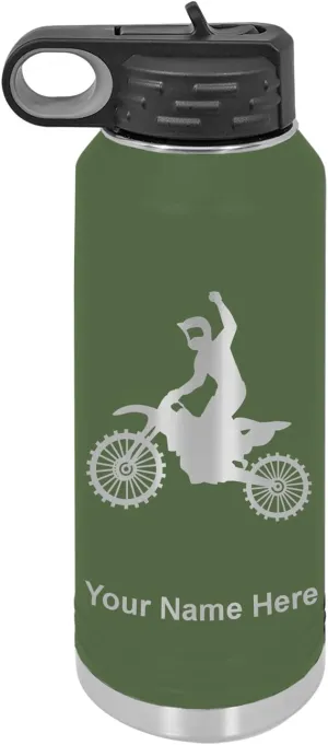 LaserGram Personalized Water Bottle, Motocross, Stainless Steel Double Wall Vacuum Insulated with Flip Top Straw, Custom Engraved Gift (40oz / 1180ml Camo Green)