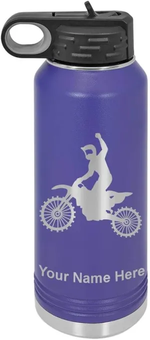 LaserGram Personalized Water Bottle, Motocross, Stainless Steel Double Wall Vacuum Insulated with Flip Top Straw, Custom Engraved Gift (40oz / 1180ml Dark Purple)