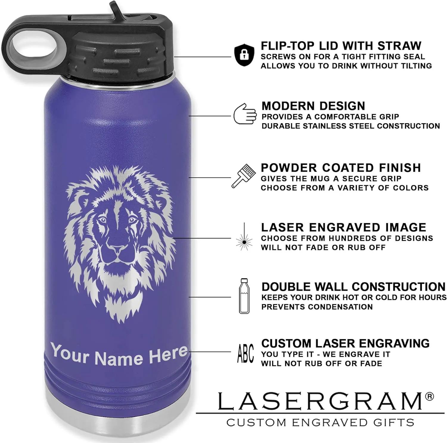 LaserGram Personalized Water Bottle, Motocross, Stainless Steel Double Wall Vacuum Insulated with Flip Top Straw, Custom Engraved Gift (40oz / 1180ml Dark Purple)