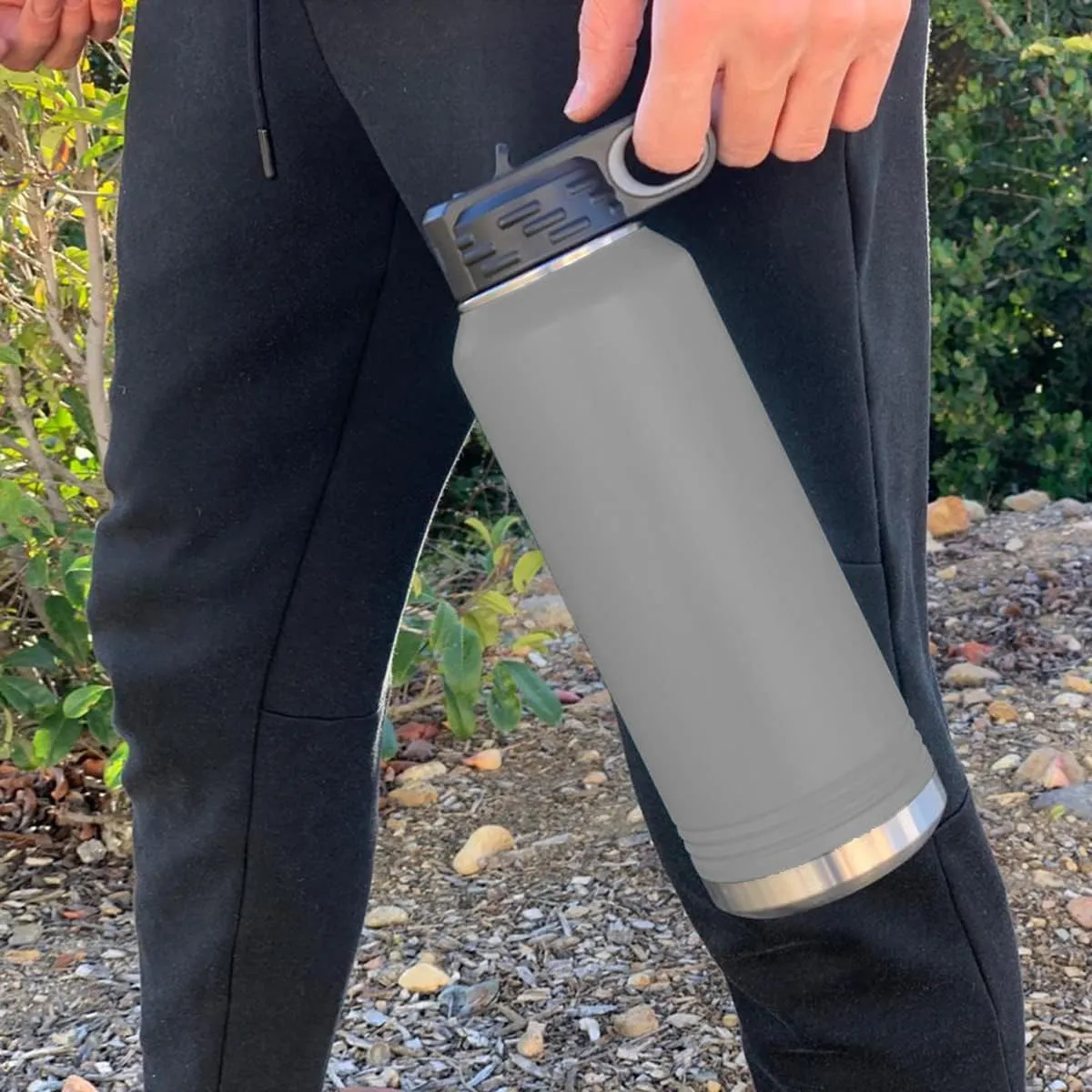 LaserGram Personalized Water Bottle, Sun, Stainless Steel Double Wall Vacuum Insulated with Flip Top Straw, Custom Engraved Gift (40oz / 1180ml Gray)
