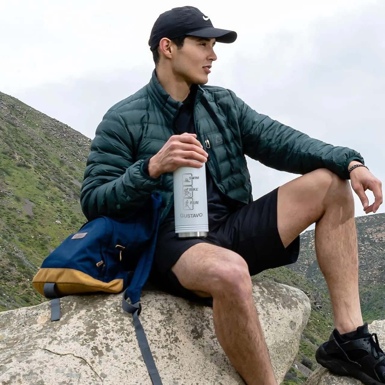 LaserGram Personalized Water Bottle, Sun, Stainless Steel Double Wall Vacuum Insulated with Flip Top Straw, Custom Engraved Gift (40oz / 1180ml Gray)