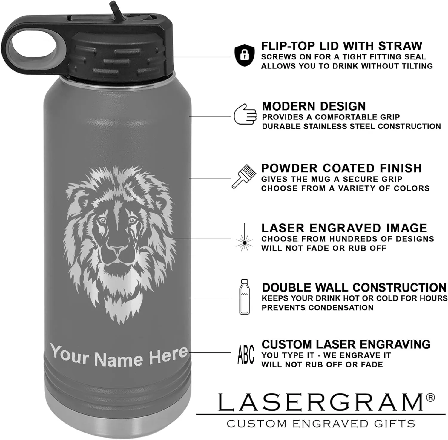 LaserGram Personalized Water Bottle, Sun, Stainless Steel Double Wall Vacuum Insulated with Flip Top Straw, Custom Engraved Gift (40oz / 1180ml Gray)