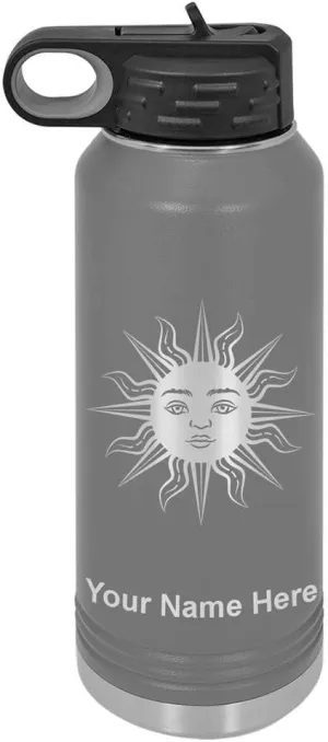 LaserGram Personalized Water Bottle, Sun, Stainless Steel Double Wall Vacuum Insulated with Flip Top Straw, Custom Engraved Gift (40oz / 1180ml Gray)