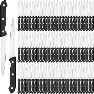 Lasnten 100 Pcs 8.78 Inches Stainless Steel Steak Knives Set Pointed Tip Steak Knives Plastic Handle Kitchen Steak Knife for Restaurant Tableware Camping Wedding Party, Black