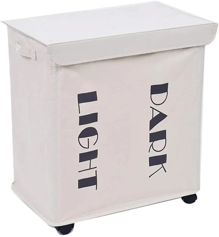 Laundry Cloth Hamper Sorter Basket Bin Foldable 2 Cells Lights and Darks Separator Washing Storage Dirty Clothes Bag with Wheels for Bathroom Bedroom Home