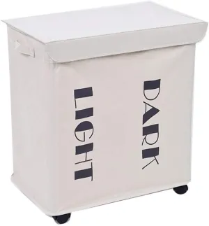 Laundry Cloth Hamper Sorter Basket Bin Foldable 2 Cells Lights and Darks Separator Washing Storage Dirty Clothes Bag with Wheels for Bathroom Bedroom Home