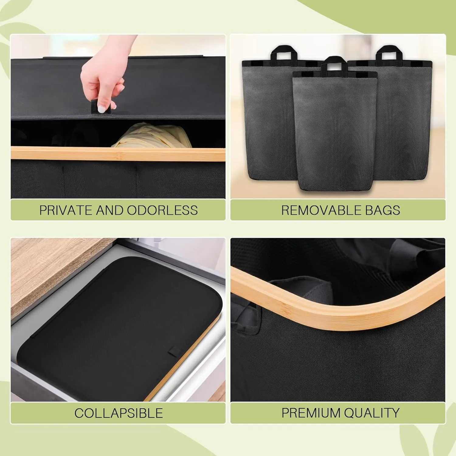 Laundry Hamper 3 Section, 145L Dirty Clothes Hamper with Lid, Extra Large Laundry Basket Organizer with Removable Inner Bags & Labels for Laundry Room, Bedroom, Black