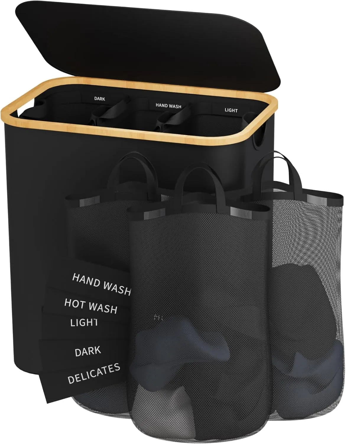 Laundry Hamper 3 Section, 145L Dirty Clothes Hamper with Lid, Extra Large Laundry Basket Organizer with Removable Inner Bags & Labels for Laundry Room, Bedroom, Black