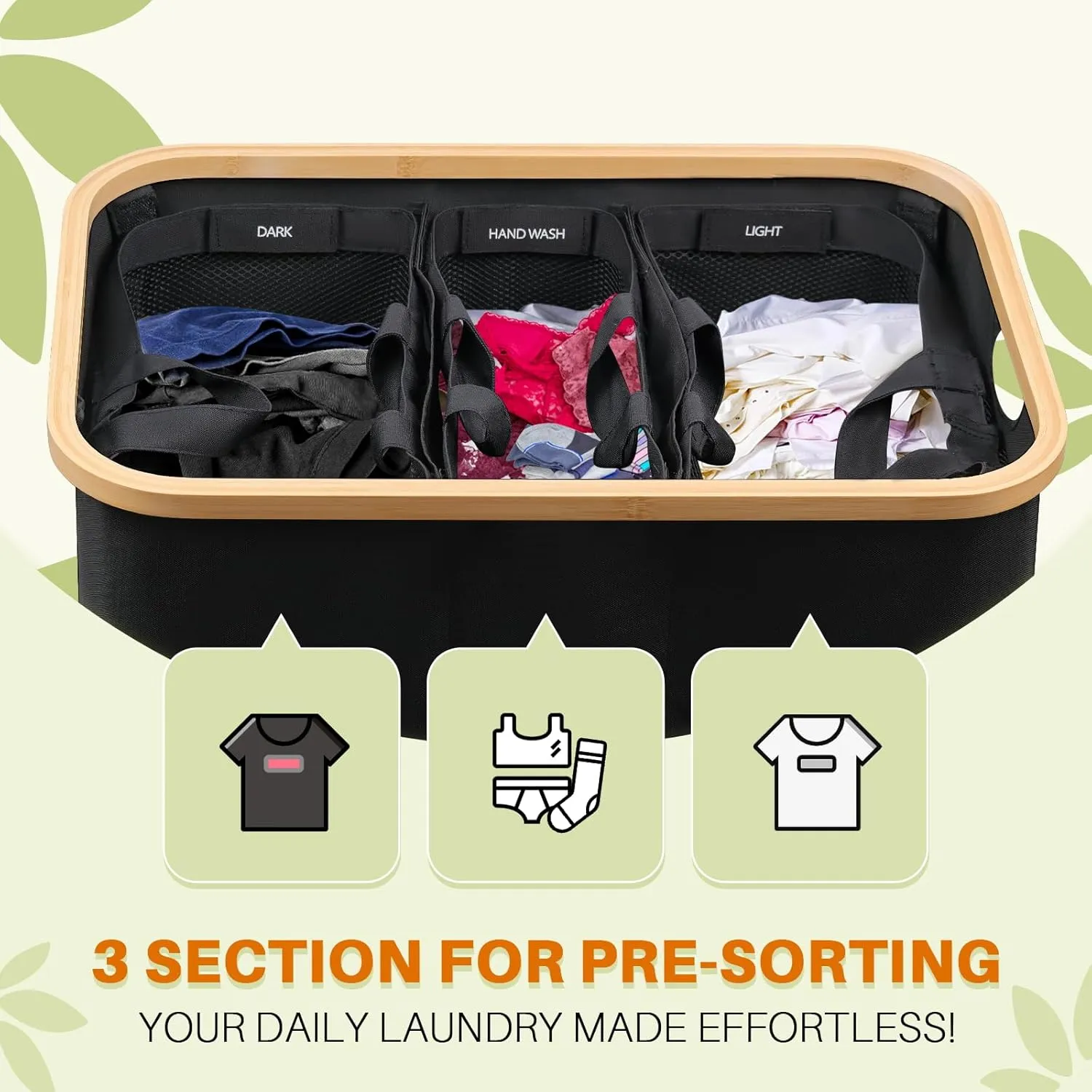 Laundry Hamper 3 Section, 145L Dirty Clothes Hamper with Lid, Extra Large Laundry Basket Organizer with Removable Inner Bags & Labels for Laundry Room, Bedroom, Black