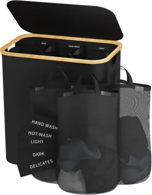 Laundry Hamper 3 Section, 145L Dirty Clothes Hamper with Lid, Extra Large Laundry Basket Organizer with Removable Inner Bags & Labels for Laundry Room, Bedroom, Black