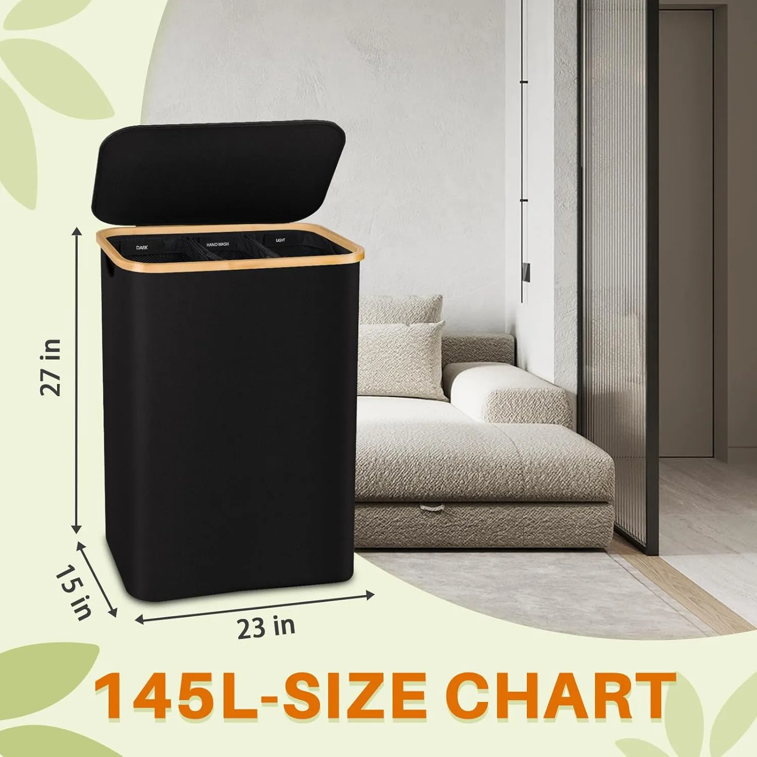 Laundry Hamper 3 Section, 145L Dirty Clothes Hamper with Lid, Extra Large Laundry Basket Organizer with Removable Inner Bags & Labels for Laundry Room, Bedroom, Black