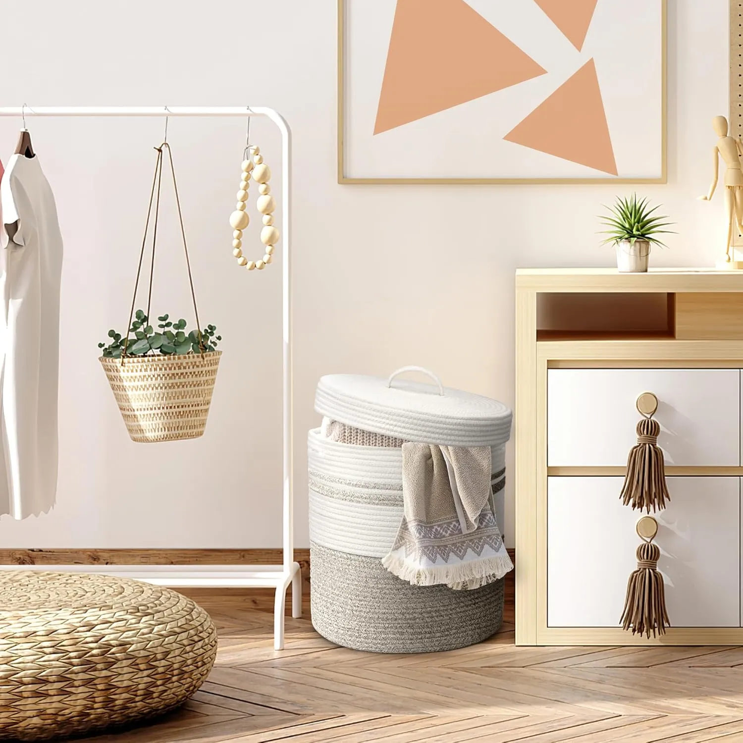 Laundry Hamper with Lid, Woven Laundry Basket，Blanket and Toy Storage Basket for Living Room, Bedroom, Bathroom, Nursery（Brown and White，40L）