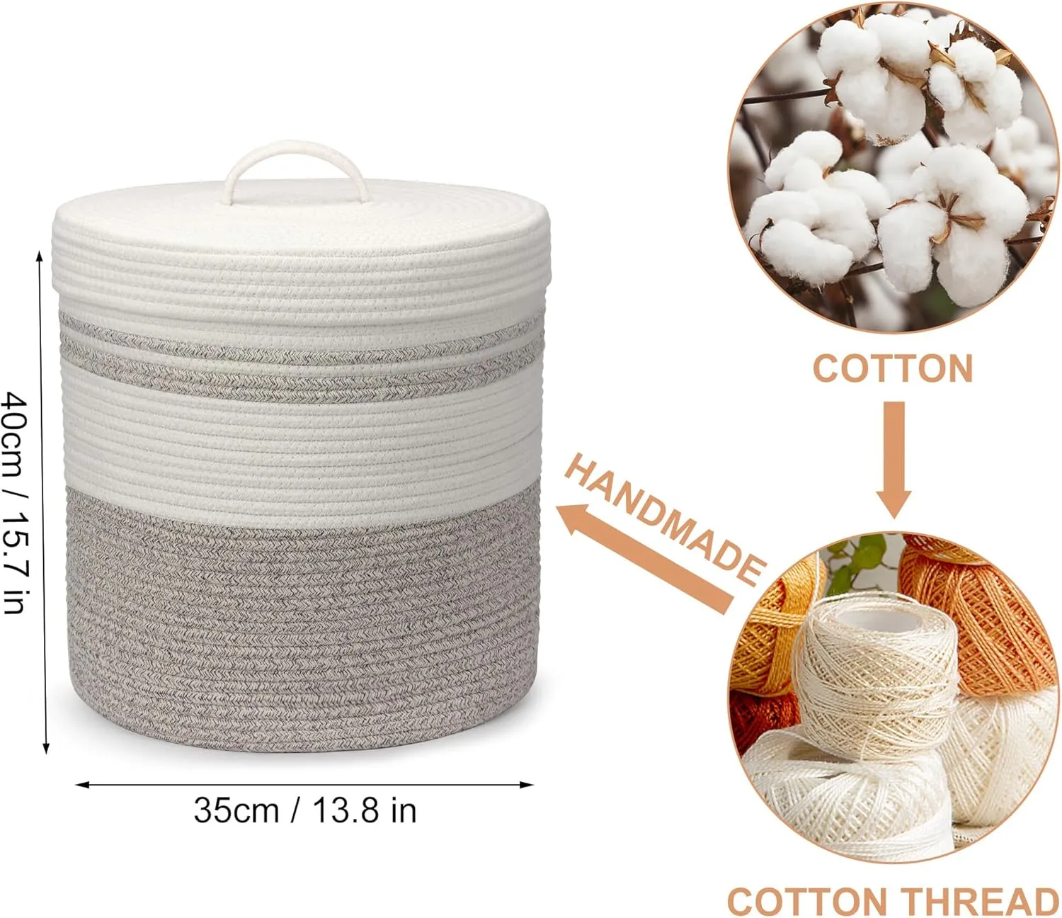 Laundry Hamper with Lid, Woven Laundry Basket，Blanket and Toy Storage Basket for Living Room, Bedroom, Bathroom, Nursery（Brown and White，40L）