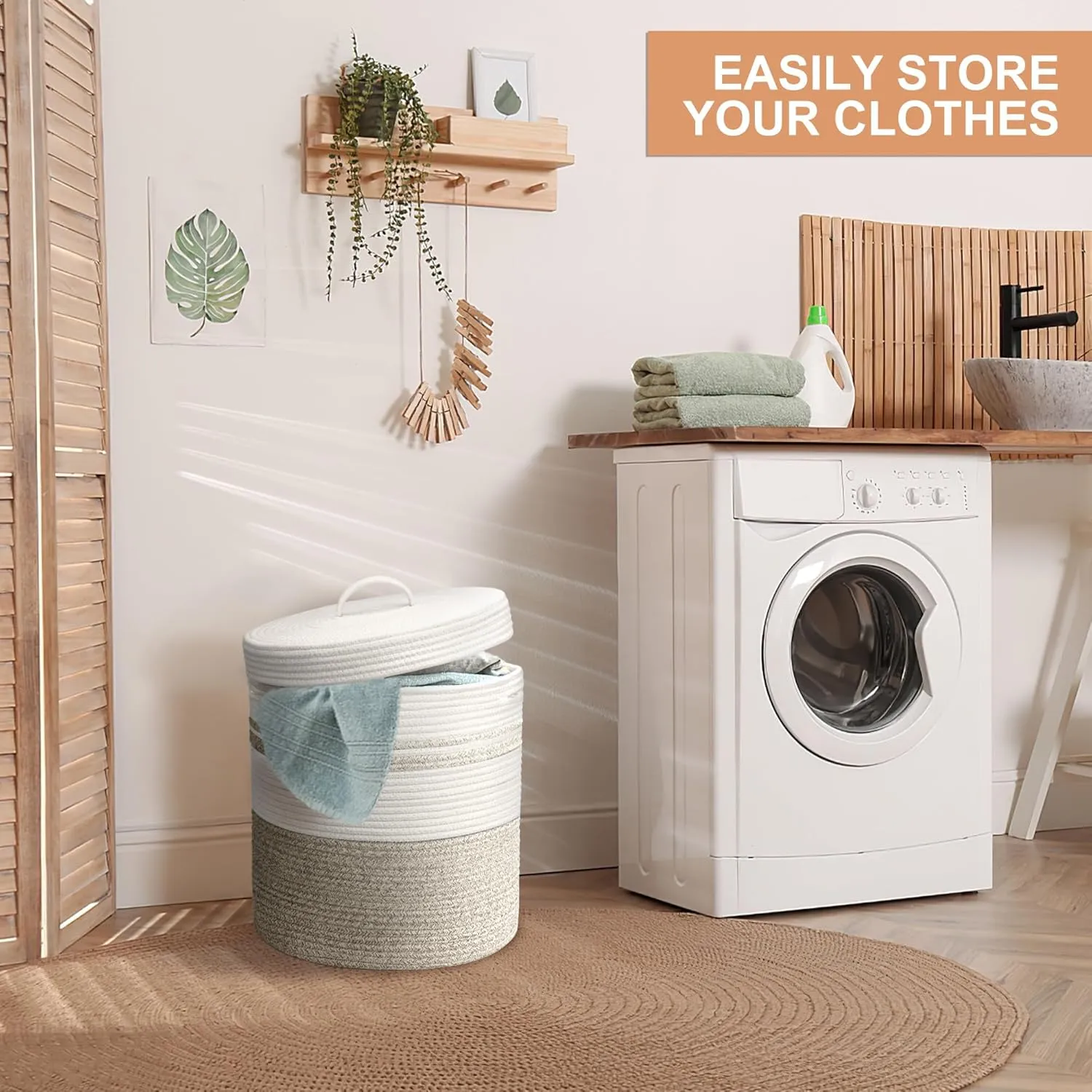 Laundry Hamper with Lid, Woven Laundry Basket，Blanket and Toy Storage Basket for Living Room, Bedroom, Bathroom, Nursery（Brown and White，40L）