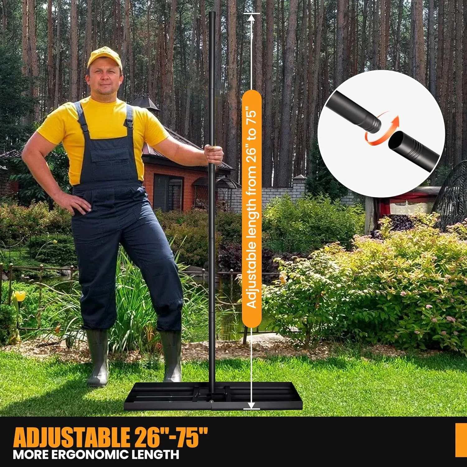 Lawn Leveling Rake 9.8" X 28", Adjustable Long Handle 26"-75" Heavy Duty Stainless Steel for Yard Garden, Easy Leveling of Sandy Soil Surfaces, Foldable Rake Head, Matte Black
