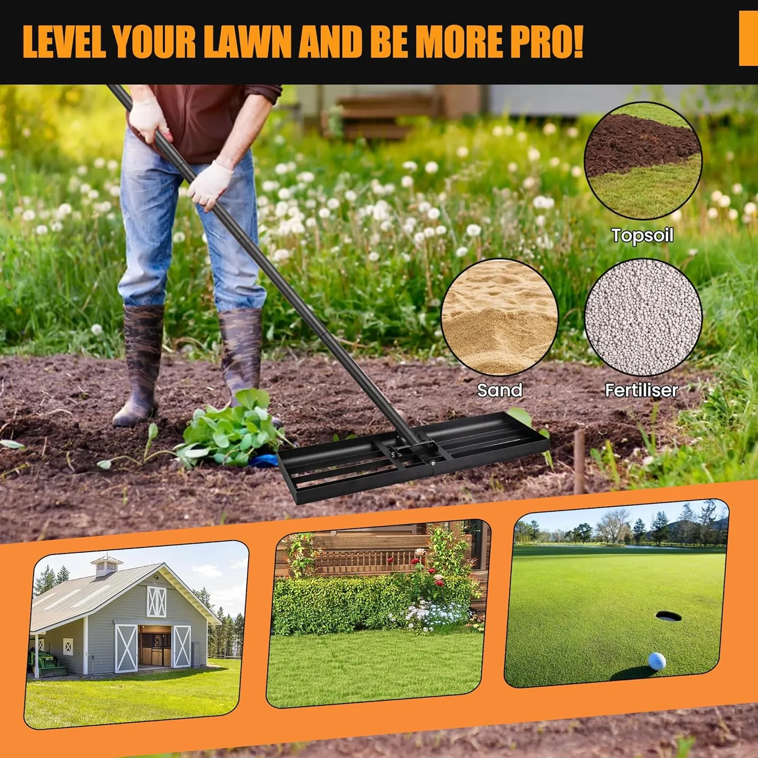 Lawn Leveling Rake 9.8" X 28", Adjustable Long Handle 26"-75" Heavy Duty Stainless Steel for Yard Garden, Easy Leveling of Sandy Soil Surfaces, Foldable Rake Head, Matte Black