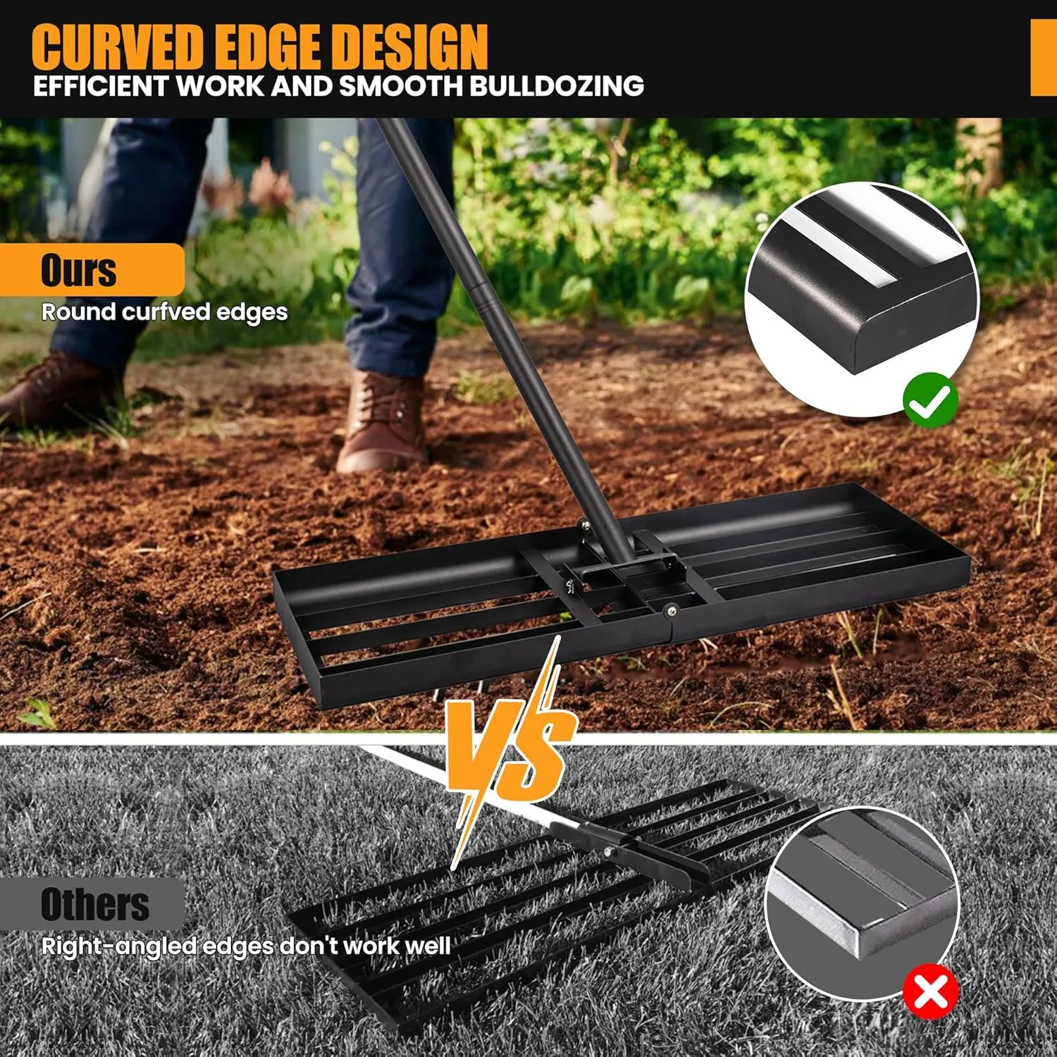 Lawn Leveling Rake 9.8" X 28", Adjustable Long Handle 26"-75" Heavy Duty Stainless Steel for Yard Garden, Easy Leveling of Sandy Soil Surfaces, Foldable Rake Head, Matte Black
