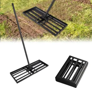 Lawn Leveling Rake 9.8" X 28", Adjustable Long Handle 26"-75" Heavy Duty Stainless Steel for Yard Garden, Easy Leveling of Sandy Soil Surfaces, Foldable Rake Head, Matte Black