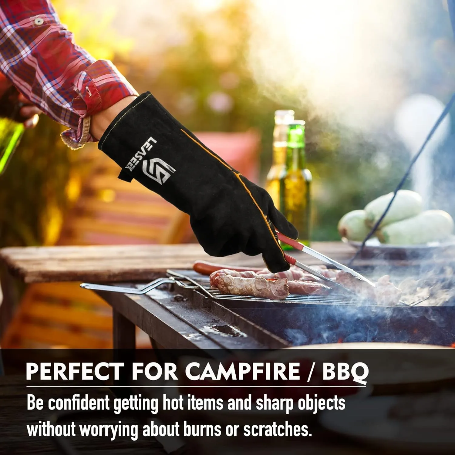 LeaSeek Leather Forge Welding Gloves, Heat/Fire Resistant Barbecue Gloves,Mitts for Fireplace,BBQ,Welder,Grill,Oven,Stove,Tig