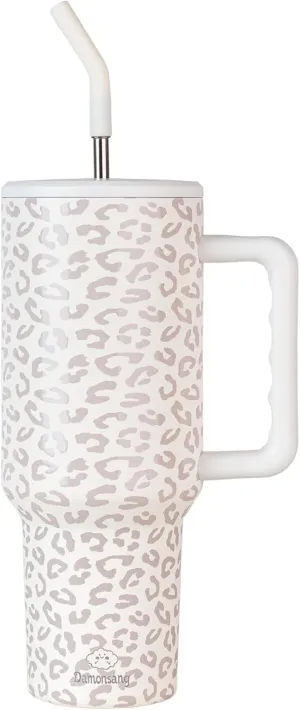 Leopard Print 40 oz Tumbler with Handle Lid and Straw,Insulated Stainless Steel Water Bottle Iced Coffee Tumbler Cups,Cupholder Friendly,Perfect Gifts for Women Men - Milky White/Rose Dust