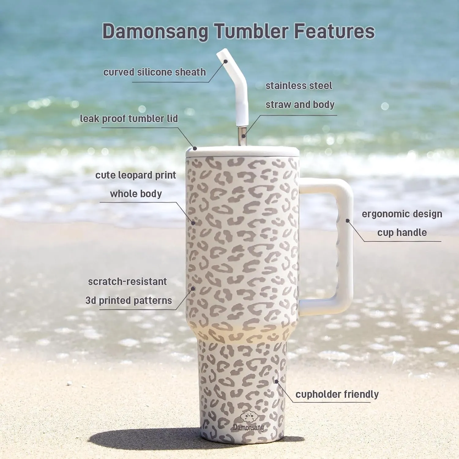 Leopard Print 40 oz Tumbler with Handle Lid and Straw,Insulated Stainless Steel Water Bottle Iced Coffee Tumbler Cups,Cupholder Friendly,Perfect Gifts for Women Men - Milky White/Rose Dust