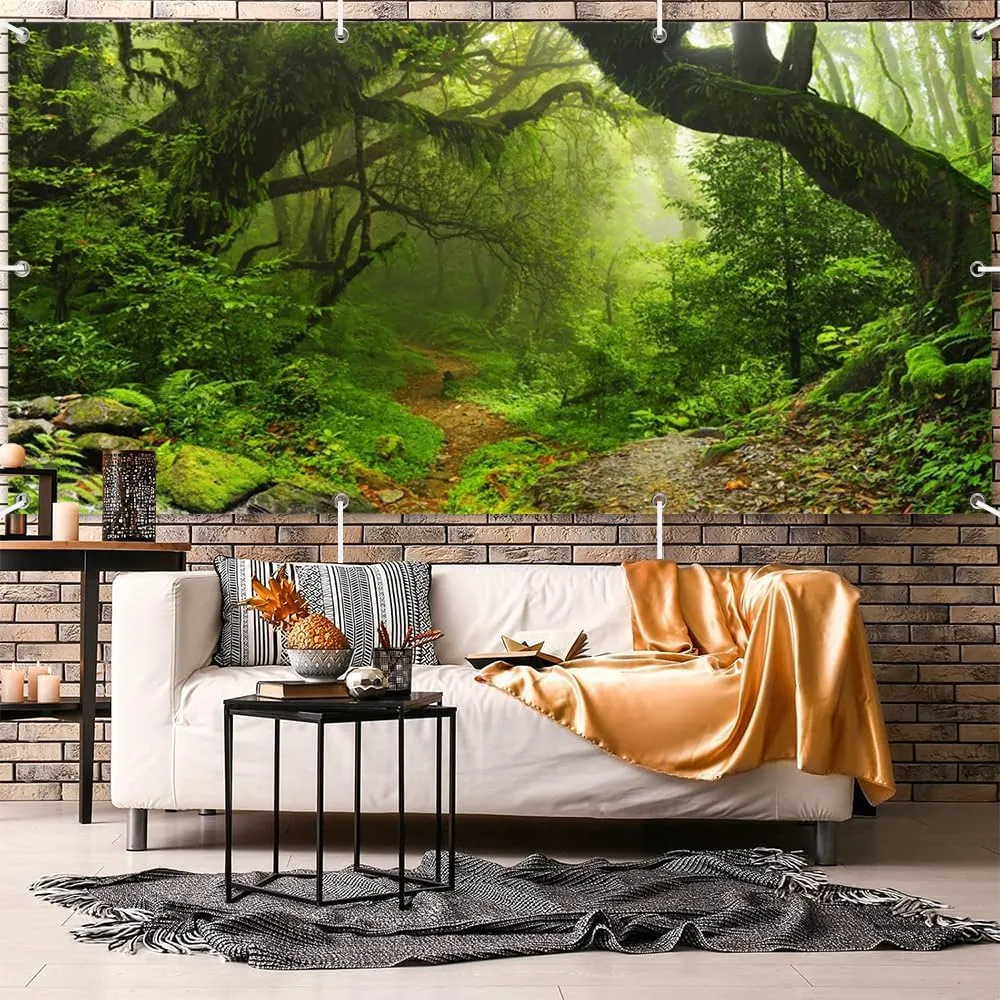 Leowefowa Green Enchanted Forest Garage Door Banners 10x5ft Jungle Woods Dirt Road Scenery Garage Door Decorations Jungle Trekking Adventure Garage Cover
