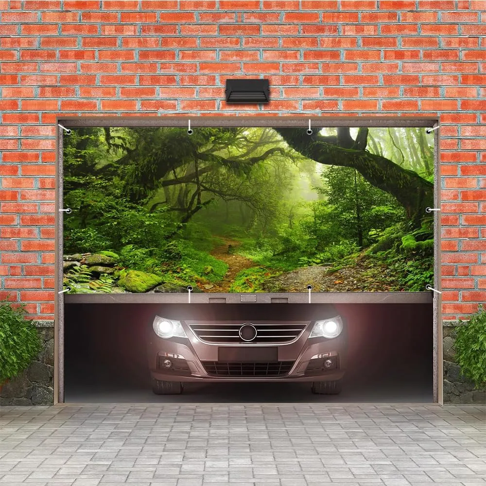 Leowefowa Green Enchanted Forest Garage Door Banners 10x5ft Jungle Woods Dirt Road Scenery Garage Door Decorations Jungle Trekking Adventure Garage Cover