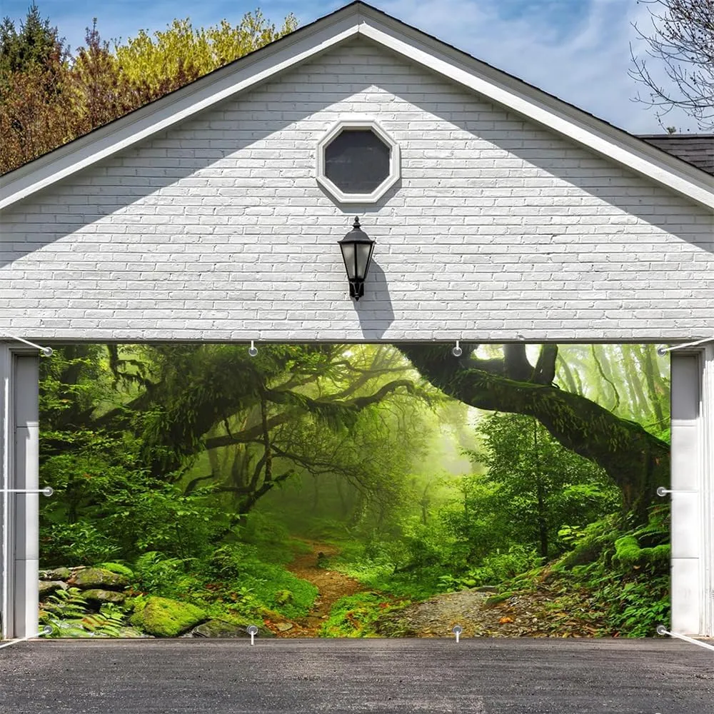 Leowefowa Green Enchanted Forest Garage Door Banners 10x5ft Jungle Woods Dirt Road Scenery Garage Door Decorations Jungle Trekking Adventure Garage Cover