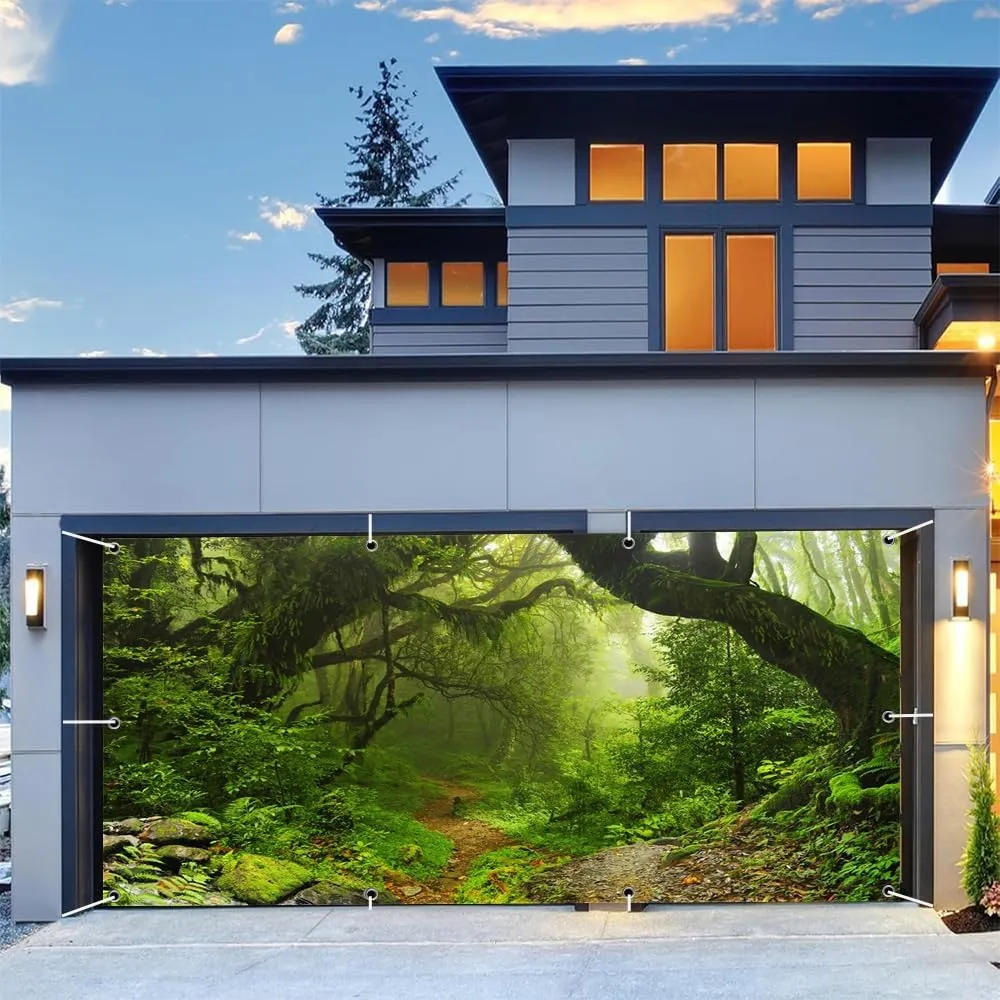 Leowefowa Green Enchanted Forest Garage Door Banners 10x5ft Jungle Woods Dirt Road Scenery Garage Door Decorations Jungle Trekking Adventure Garage Cover