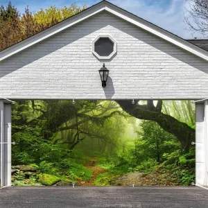Leowefowa Green Enchanted Forest Garage Door Banners 10x5ft Jungle Woods Dirt Road Scenery Garage Door Decorations Jungle Trekking Adventure Garage Cover