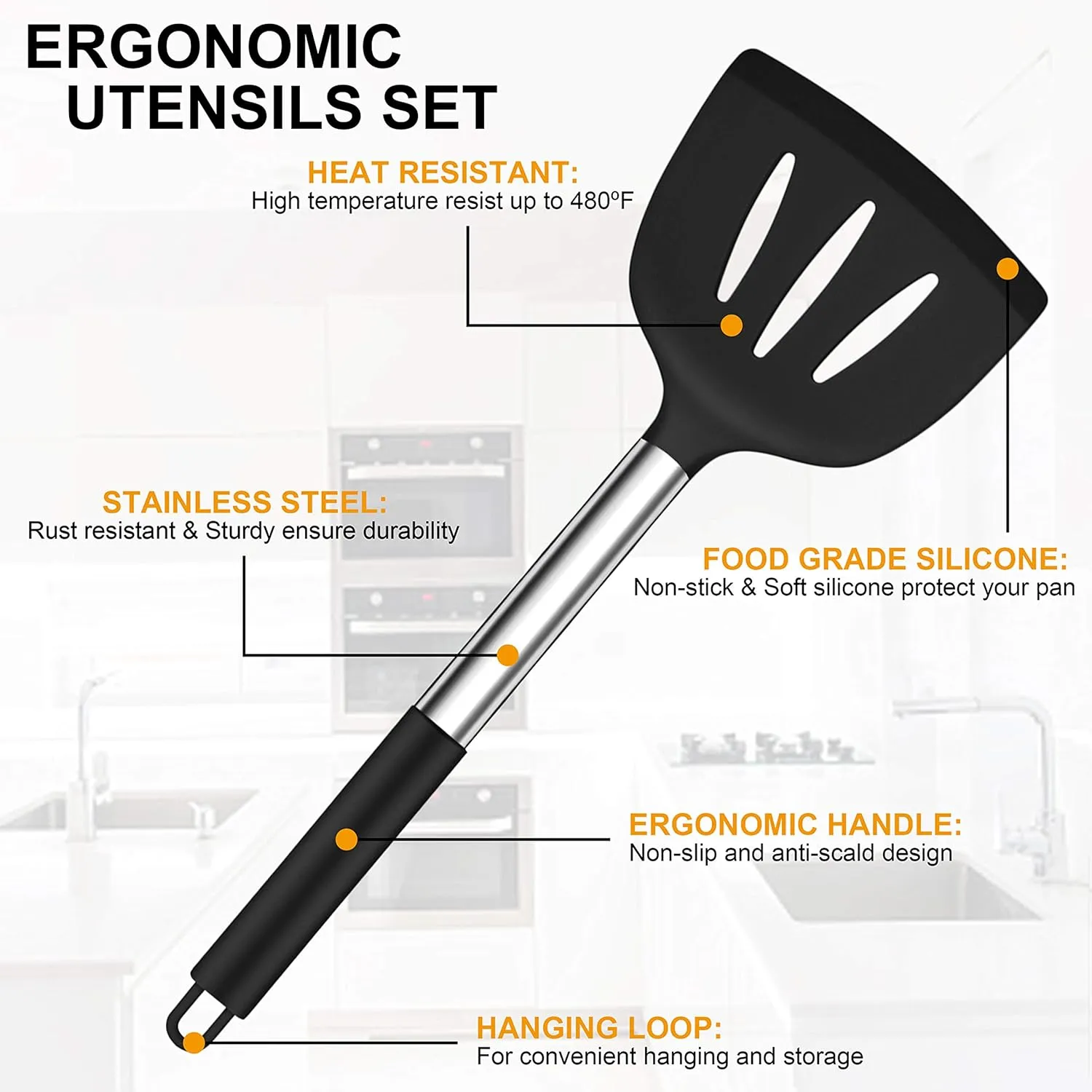 LIANYU 27 PCS Cooking Utensils Set with Holder, Silicone Kitchen Utensils Spatula Set with Stainless Steel Handle, Kitchen Cooking Gadgets Tools for Nonstick Cookware Set, Heat Resistant, Black
