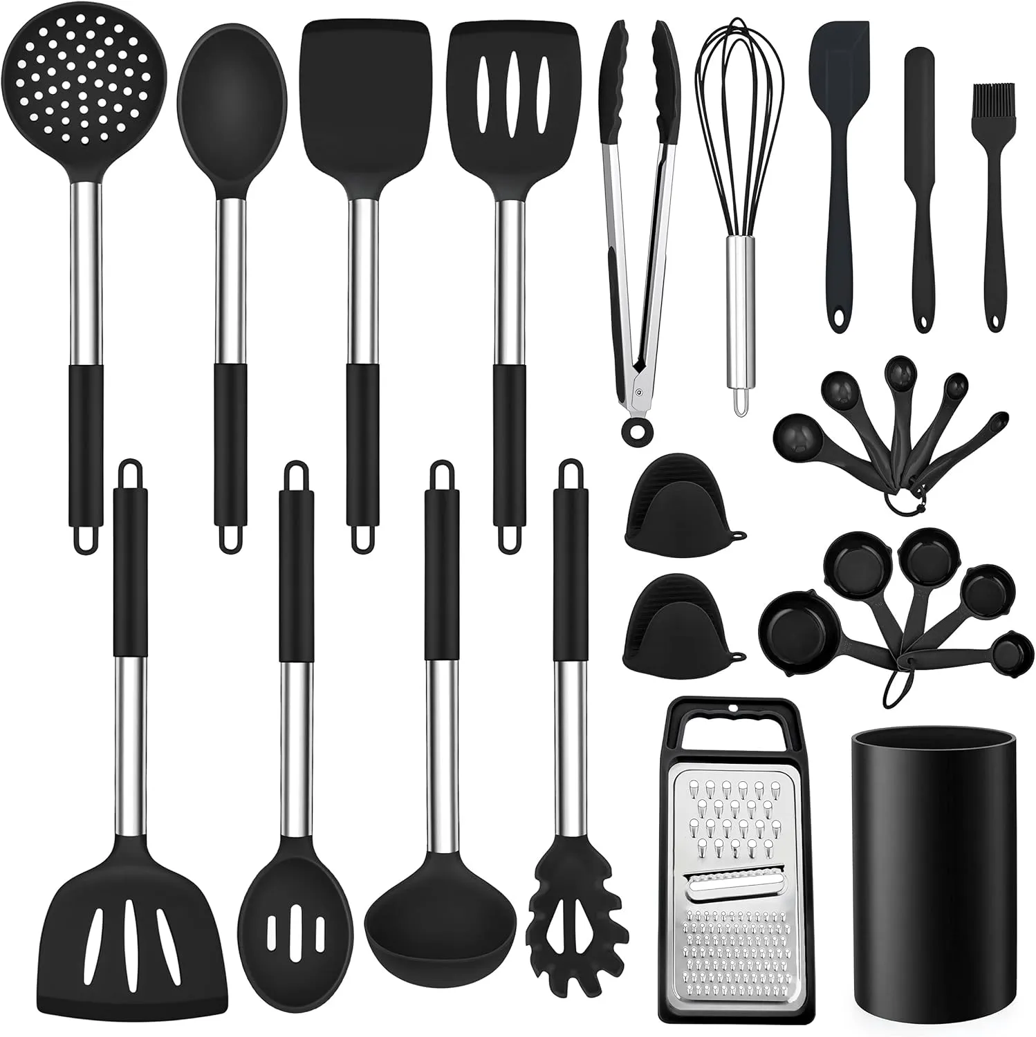 LIANYU 27 PCS Cooking Utensils Set with Holder, Silicone Kitchen Utensils Spatula Set with Stainless Steel Handle, Kitchen Cooking Gadgets Tools for Nonstick Cookware Set, Heat Resistant, Black