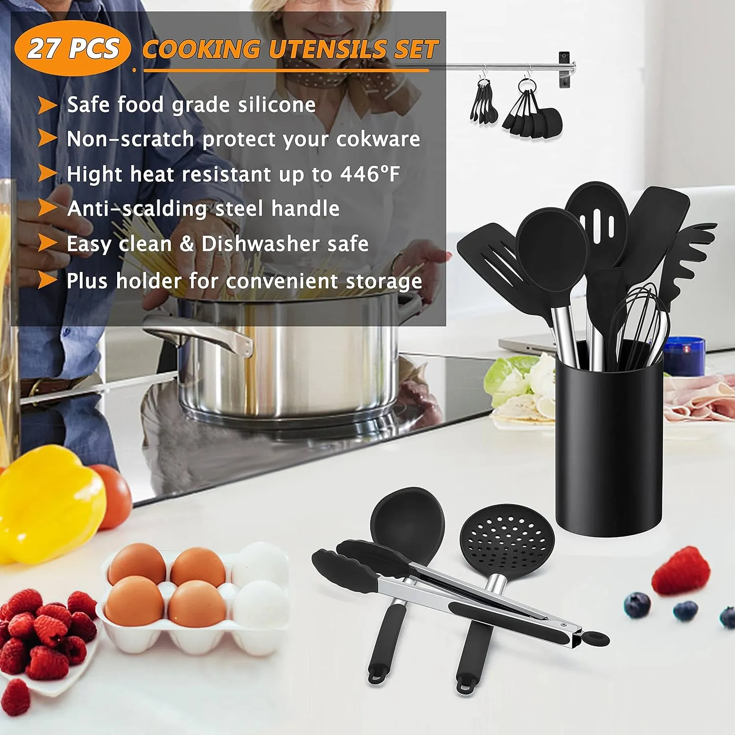 LIANYU 27 PCS Cooking Utensils Set with Holder, Silicone Kitchen Utensils Spatula Set with Stainless Steel Handle, Kitchen Cooking Gadgets Tools for Nonstick Cookware Set, Heat Resistant, Black