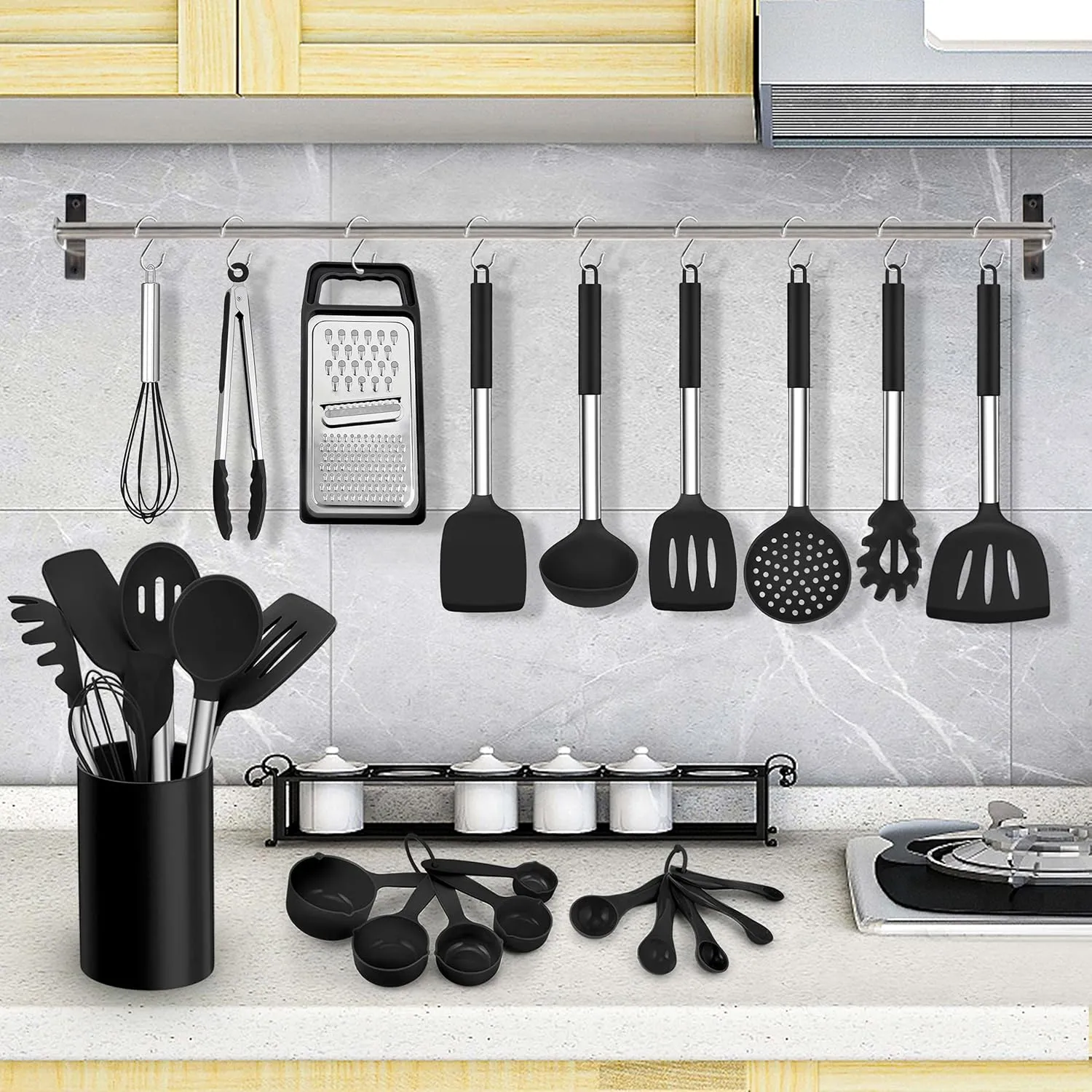 LIANYU 27 PCS Cooking Utensils Set with Holder, Silicone Kitchen Utensils Spatula Set with Stainless Steel Handle, Kitchen Cooking Gadgets Tools for Nonstick Cookware Set, Heat Resistant, Black