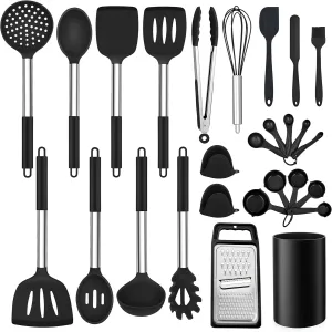 LIANYU 27 PCS Cooking Utensils Set with Holder, Silicone Kitchen Utensils Spatula Set with Stainless Steel Handle, Kitchen Cooking Gadgets Tools for Nonstick Cookware Set, Heat Resistant, Black