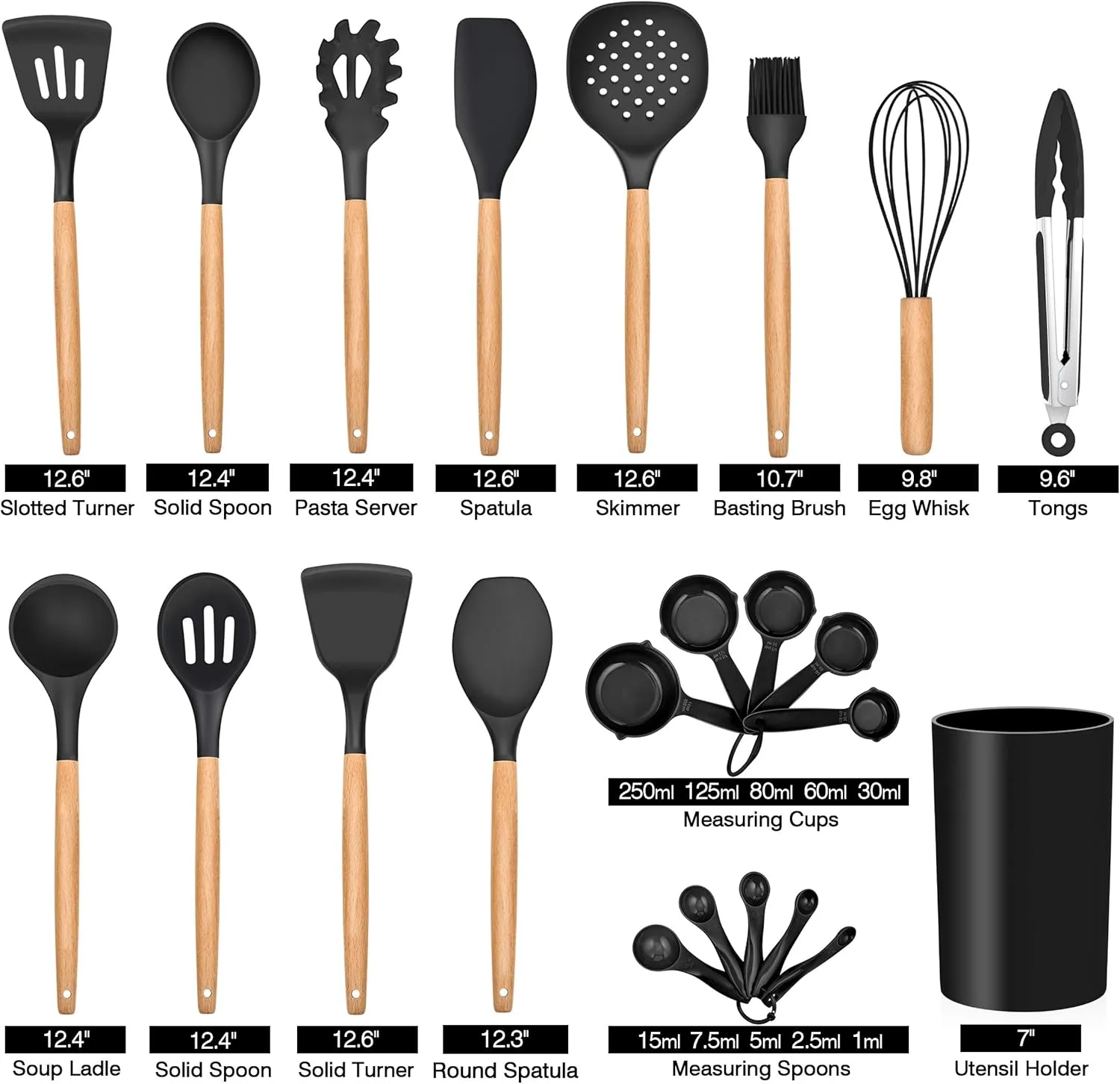 LIANYU 38 Pcs Kitchen Cooking Utensils Set with Holder, Heat Resistant Silicone Kitchen Utensil Spatula Set, Kitchen Gadgets Tools Set for nonstick Cookware Set, Wooden Handle, Black