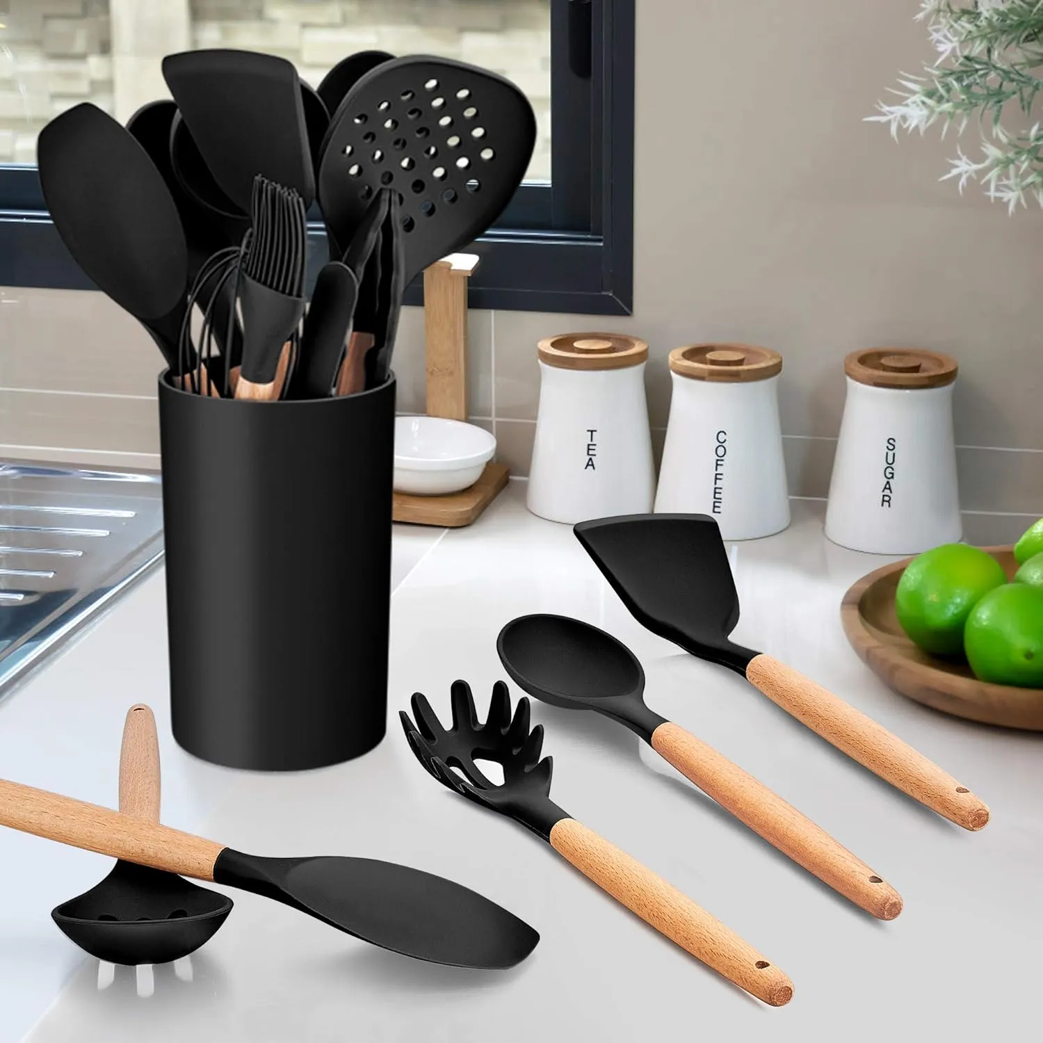 LIANYU 38 Pcs Kitchen Cooking Utensils Set with Holder, Heat Resistant Silicone Kitchen Utensil Spatula Set, Kitchen Gadgets Tools Set for nonstick Cookware Set, Wooden Handle, Black